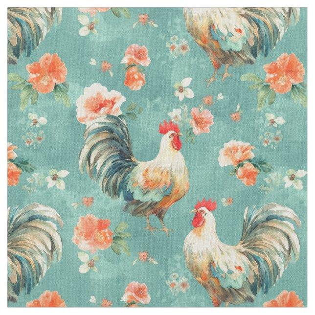 Cute Watercolor Floral Chickens Fabric (Close Up)