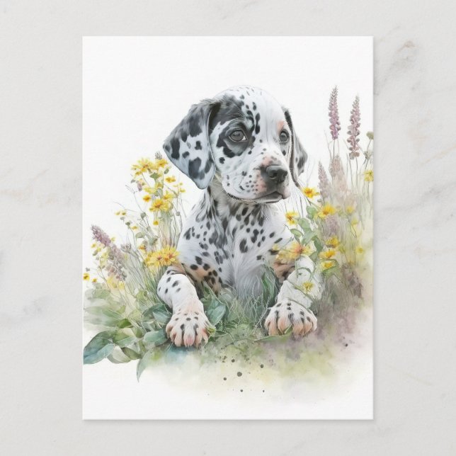 Cute Watercolor Floral Dalmatian Puppy Dog   Postcard (Front)