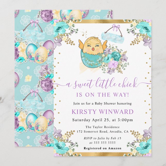 Cute Watercolor Floral Easter Chick Baby Shower Invitation (Front/Back)