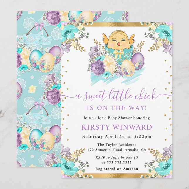 Cute Watercolor Floral Easter Chick Baby Shower Invitation (Front/Back)