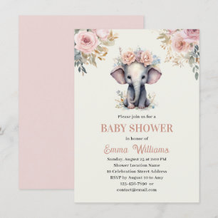 Cute Watercolor Floral Elephant Girl Baby Shower  Invitation