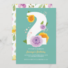 Cute Watercolor Floral Kids 2nd Birthday Party