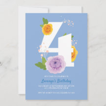 Cute Watercolor Floral Kids 4th Birthday Party