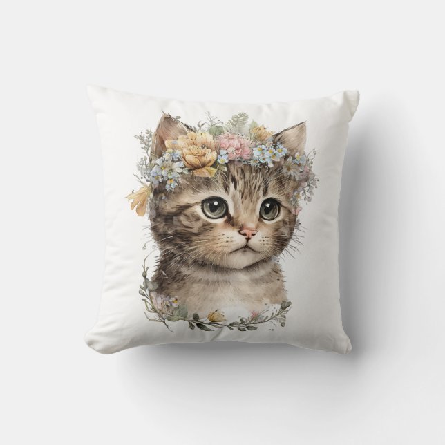 Cute Watercolor Floral Kitten Throw Pillow (Front)