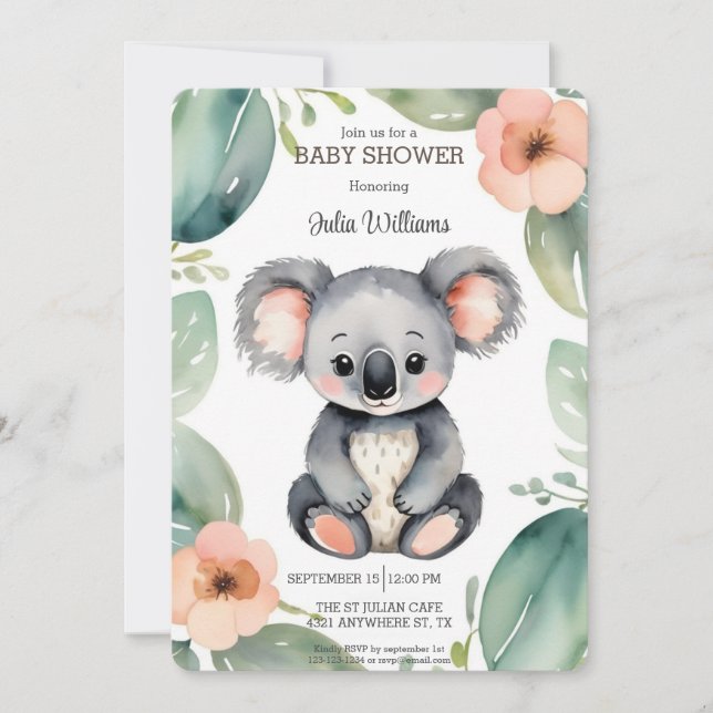 Cute Watercolor Floral Koala Baby Shower Invitation (Front)