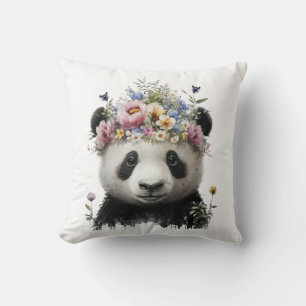 Cute Watercolor Floral Panda Throw Pillow