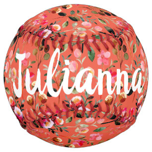 Cute Watercolor Floral Pattern Orange Personalized Softball