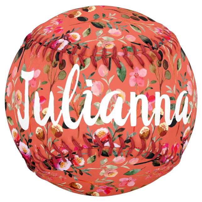 Cute Watercolor Floral Pattern Orange Personalized Softball (Front)