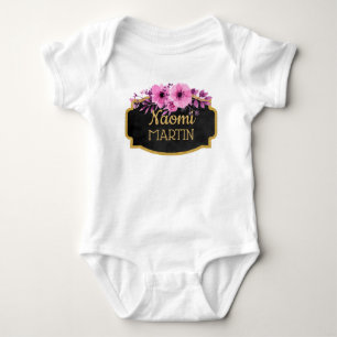 Cute Watercolor Floral Pink Gold Monogram Name Baby Bodysuit