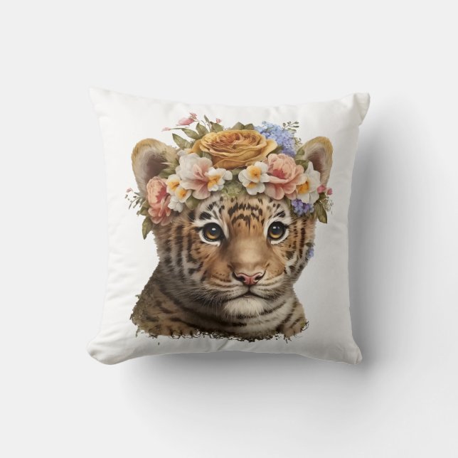 Cute Watercolor Floral Tiger Throw Pillow (Front)