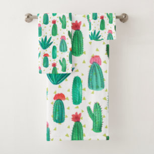 Cute Watercolor Flowering Cactus Pattern Bath Towel Set