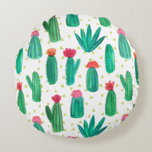 Cute Watercolor Flowering Cactus Pattern Round Pillow