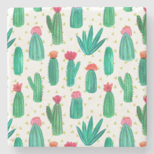 Cute Watercolor Flowering Cactus Pattern Stone Coaster