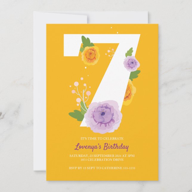 Cute Watercolor Flowers 7th Birthday Party Save The Date (Front)