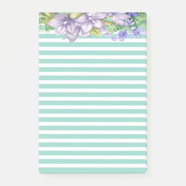 Cute Watercolor Flowers Mint Green  Stripes Post-it Notes (Front)