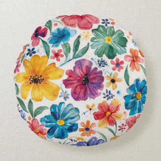 Cute Watercolor Flowers Round Pillow
