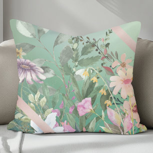 Cute Watercolor Flowers With Sage Green Background Throw Pillow