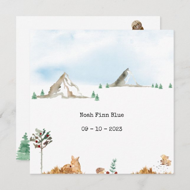 Cute Watercolor Forest Animals in Mountains Baby Invitation (Front/Back)