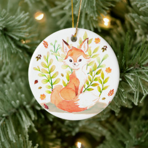 Cute Watercolor Fox Animal Ceramic Ornament