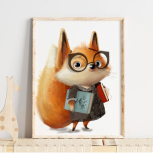 Cute Watercolor Fox Book Student   Fox Wall Print