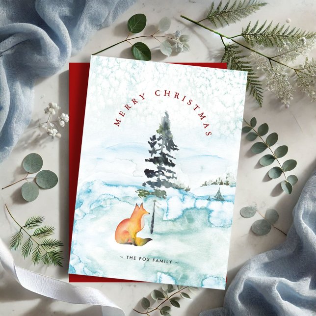 Cute Watercolor Fox Christmas Cards (Watercolor fox Christmas tree cards winter scene )
