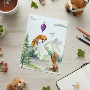 Cute Watercolor Fox Fly Away Forest Scene  Postcard