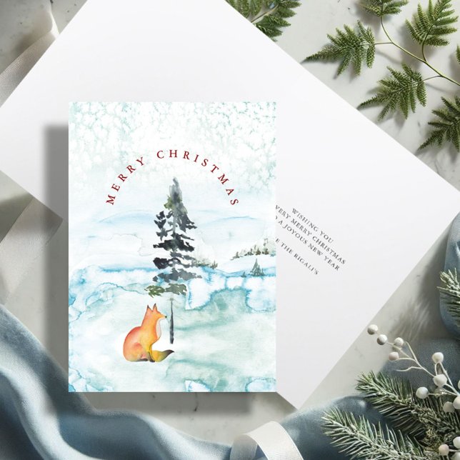 Cute Watercolor Fox Illustration Christmas Card (Merry Christmas wishes watercolor fox holiday card with unique art by Victoria Grigaliunas)
