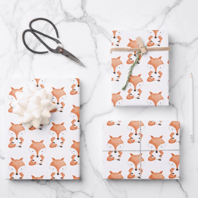 Cute Watercolor Fox Pattern Animal Wrapping Paper Sheet (Front)