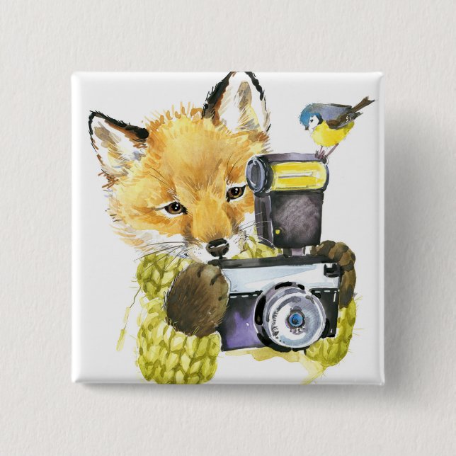 Cute Watercolor Fox Taking Pictures 2 Inch Square Button (Front)