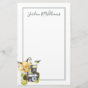 Cute Watercolor Fox Taking Pictures Add Name Stationery