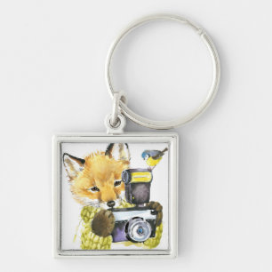 Cute Watercolor Fox Taking Pictures Keychain