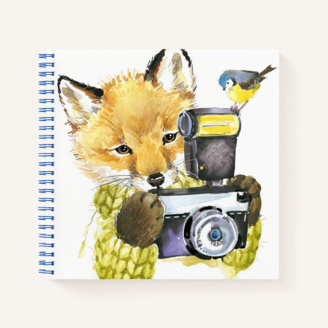 Cute Watercolor Fox Taking Pictures Notebook (Front)