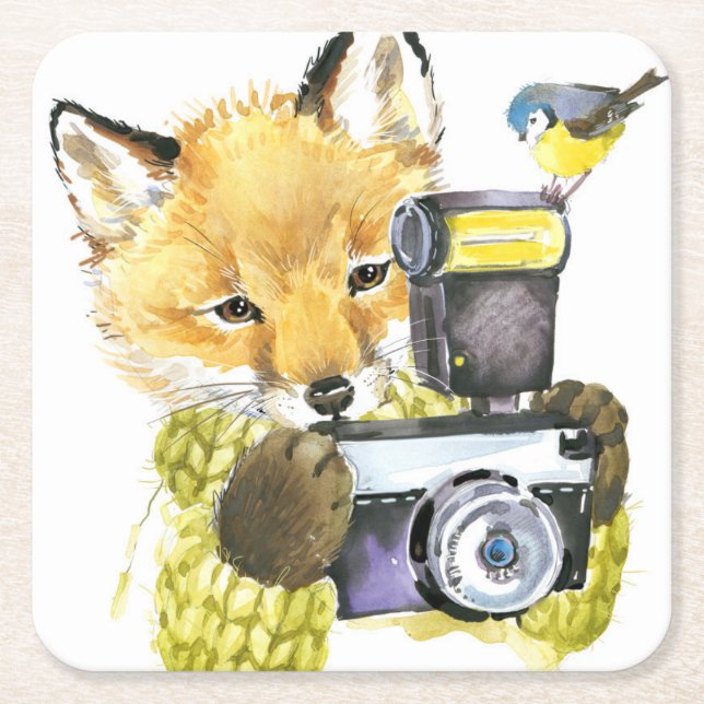 Cute Watercolor Fox Taking Pictures Square Paper Coaster (Front)