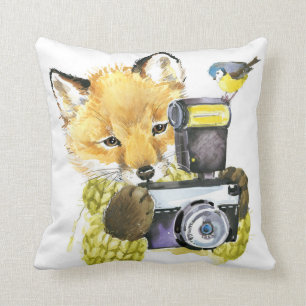 Cute Watercolor Fox Taking Pictures Throw Pillow
