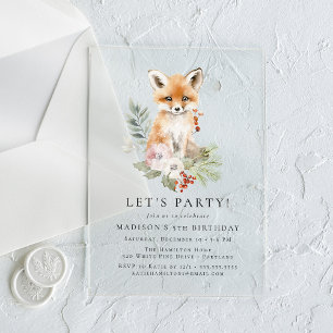 Cute Watercolor Fox Winter Birthday Party Acrylic Invitations