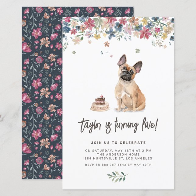 Cute Watercolor French Bulldog Birthday Invitation (Front/Back)