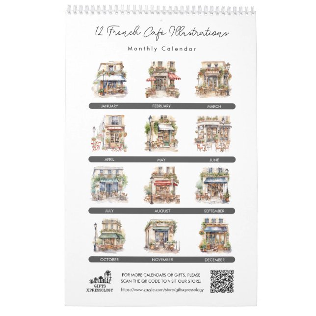 Cute Watercolor French Cafe Paris Bistro Monthly Calendar (Back)