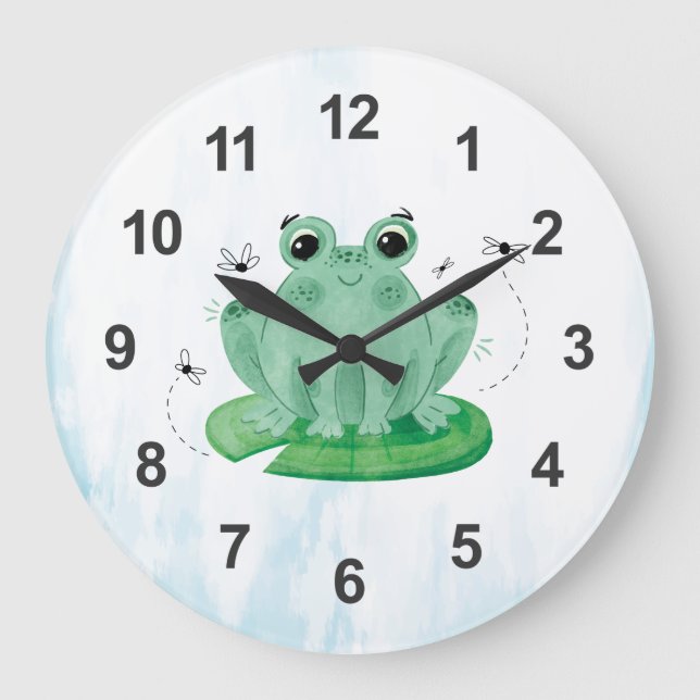 Cute Watercolor Frog Large Clock (Front)
