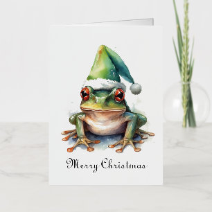 Cute Watercolor Frog Santa Hat Christmas Card