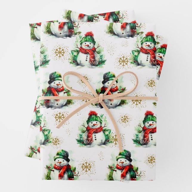 Cute Watercolor Frosty in Red Green Wrapping Paper Sheet (In situ)