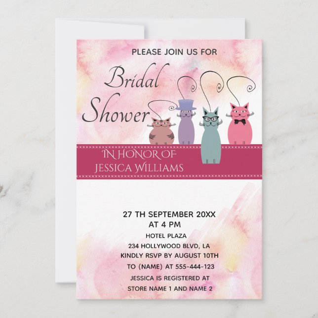 Cute watercolor funny colourful whimsy cats invitation (Front)