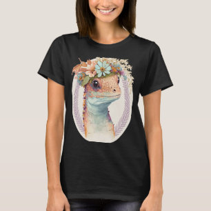 Cute Watercolor Gecko Reptile Flower Crown Boho Ae T-Shirt