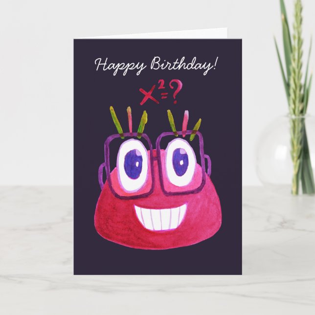 Cute Watercolor Geek Candy Character Math Birthday Card (Front)