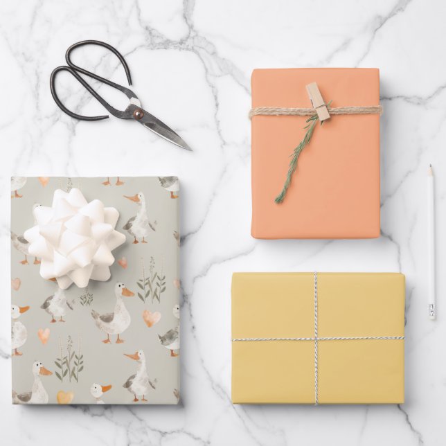 Cute Watercolor Geese Wrapping Paper Sheets (Front)