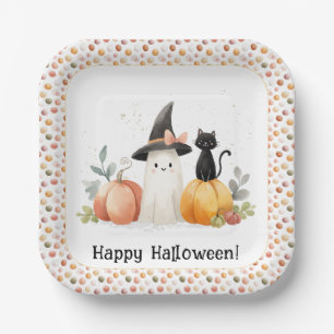 Cute Watercolor Ghost Black Cat Pumpkin Halloween Paper Plate