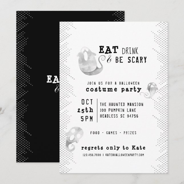 Cute Watercolor Ghost Eat Drink Be Scary Halloween Invitation (Front/Back)