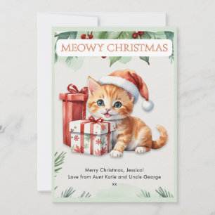 Cute Watercolor Ginger Kitten Custom Christmas Holiday Card