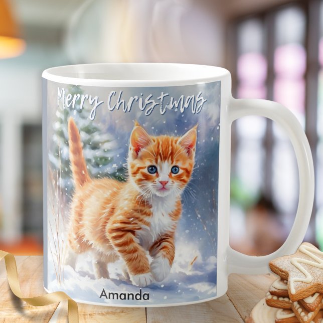 Cute Watercolor Ginger Kitten Snow Christmas Coffee Mug (A personalized mug with ginger kitten illustration in a watercolor style and 'Merry Christmas' words)