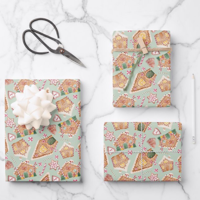 Cute Watercolor Gingerbread House Green Christmas Wrapping Paper Sheet (Front)