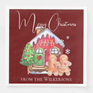 Cute Watercolor Gingerbread People on Burgundy Napkin